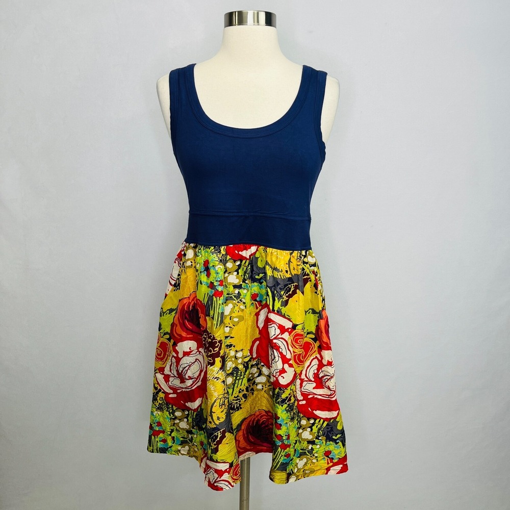 Fei Anthropologie Womens Small Blue Floral Tank Dress Rayon Silk Pockets‎